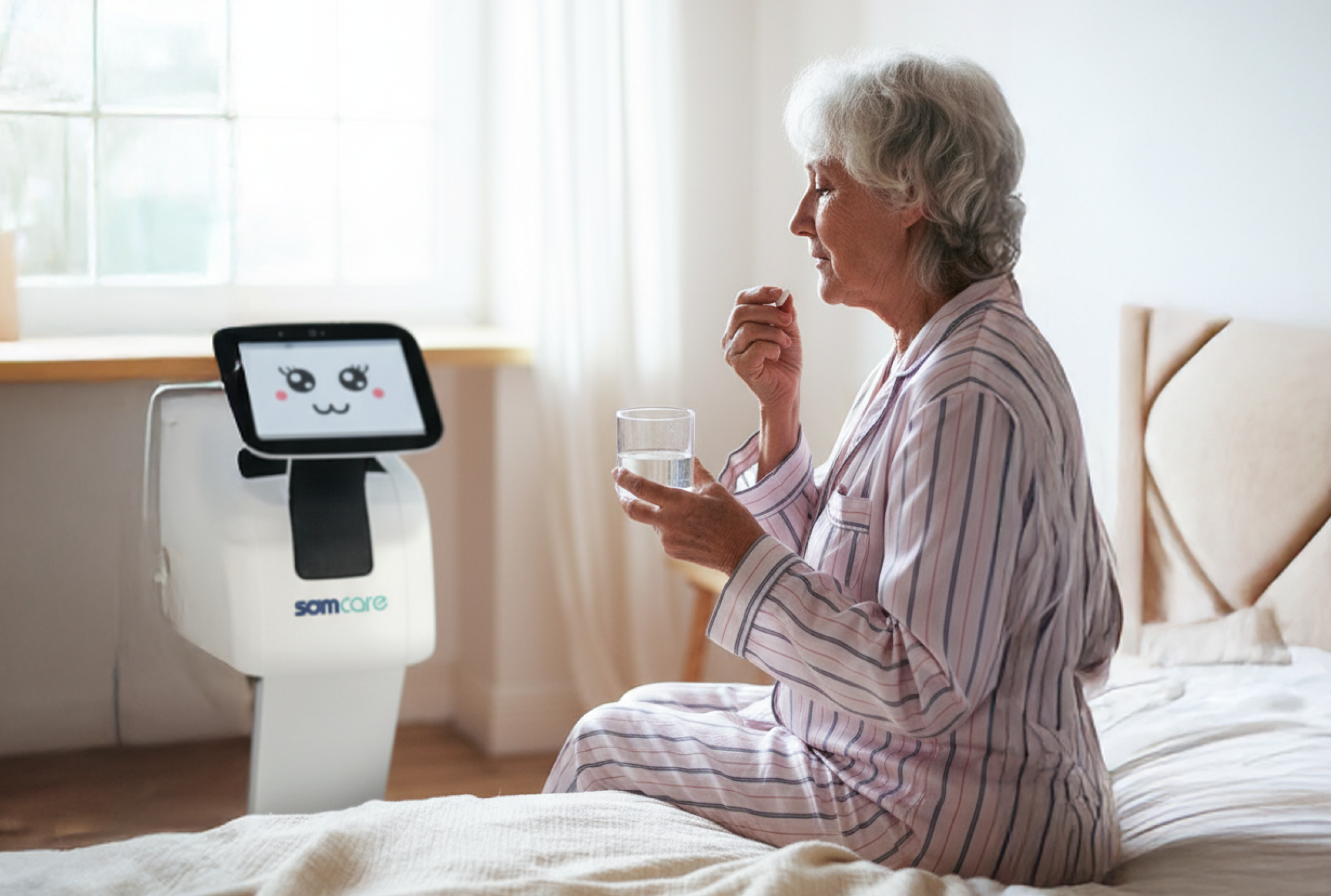Mujer mayor sentada en la cama tomando una pastilla con un vaso de agua mientras un robot asistencial con pantalla animada la acompaña en la habitación.