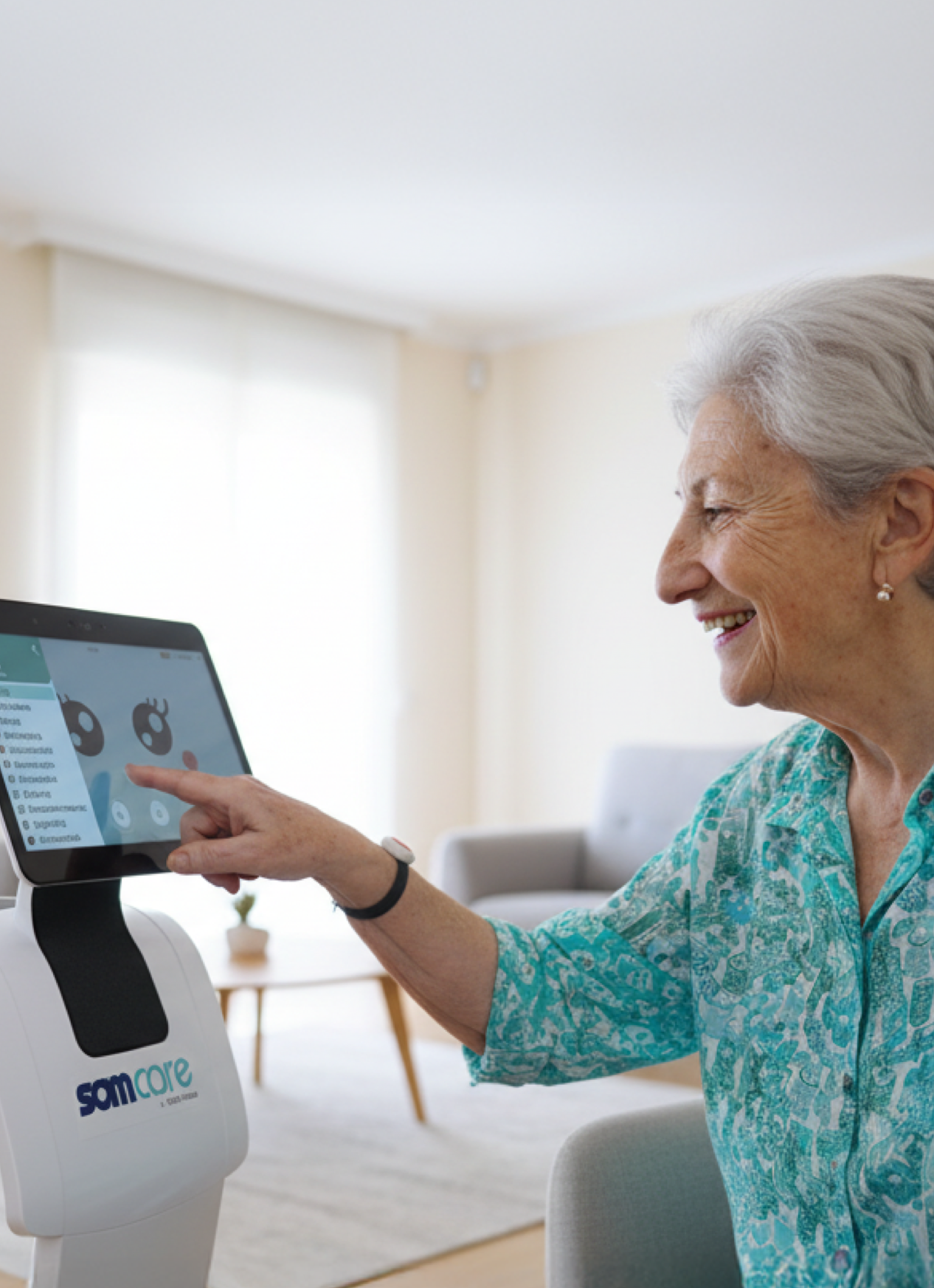 Dona gran usant el robot social TEMI al seu domicili particular