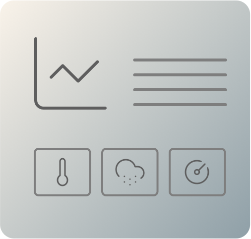 Icono de panel de control con gráfico de evolución, lista de datos y accesos a temperatura, calidad del aire y ritmo cardíaco.